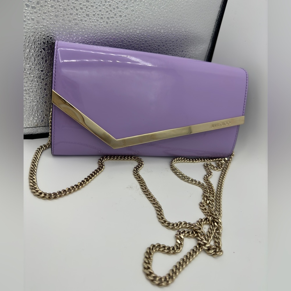 Jimmy choo Emmie Patent Leather Clutch-On-Chain Retail $895